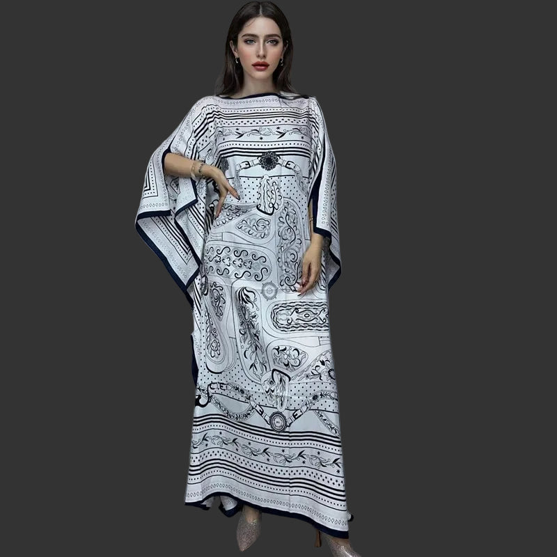 Luxury Printed Silk-Feel Batwing Maxi Kaftan Dress