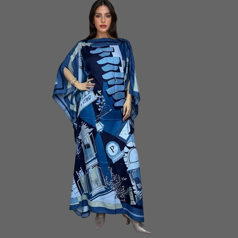 Luxury Printed Silk-Feel Batwing Maxi Kaftan Dress