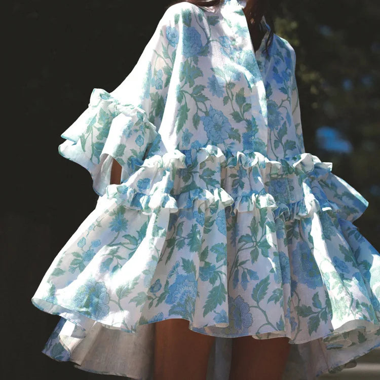 Ruffled Floral Puff Skirt Dress
