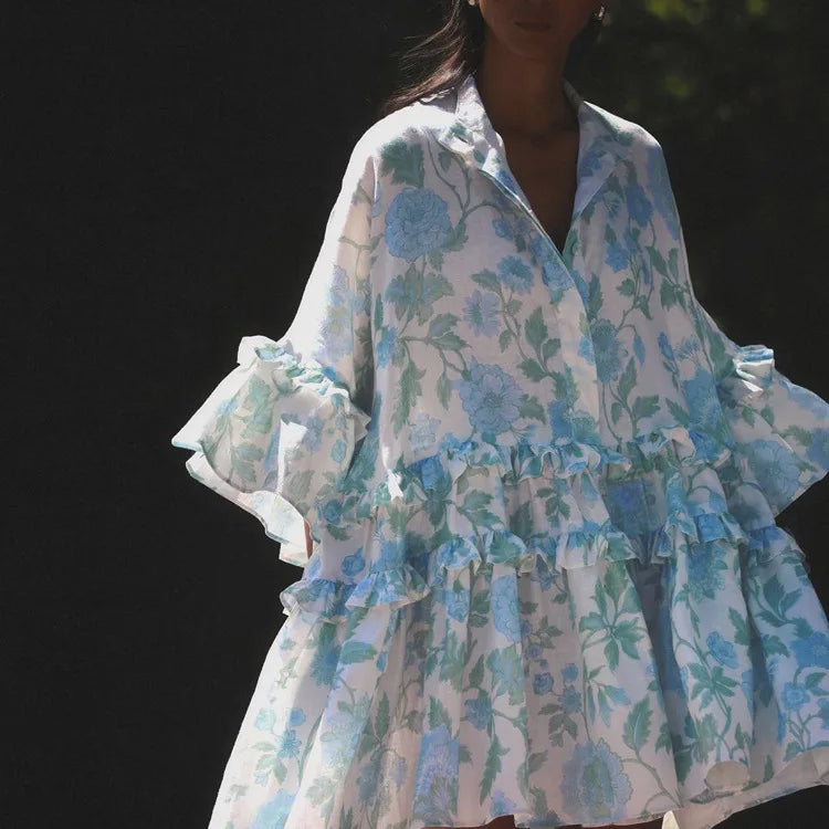 Ruffled Floral Puff Skirt Dress