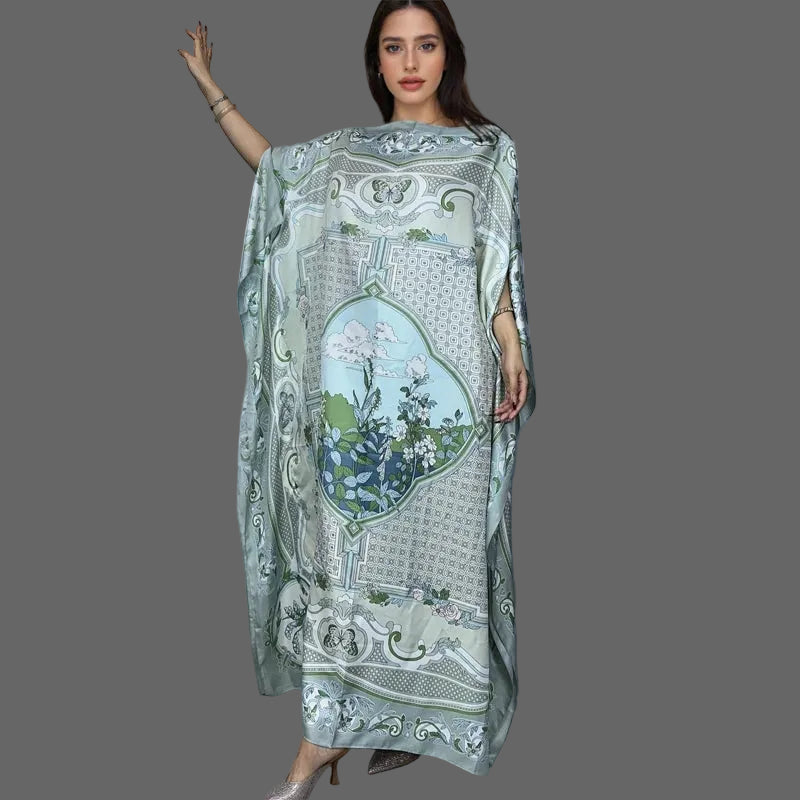 Luxury Printed Silk-Feel Batwing Maxi Kaftan Dress