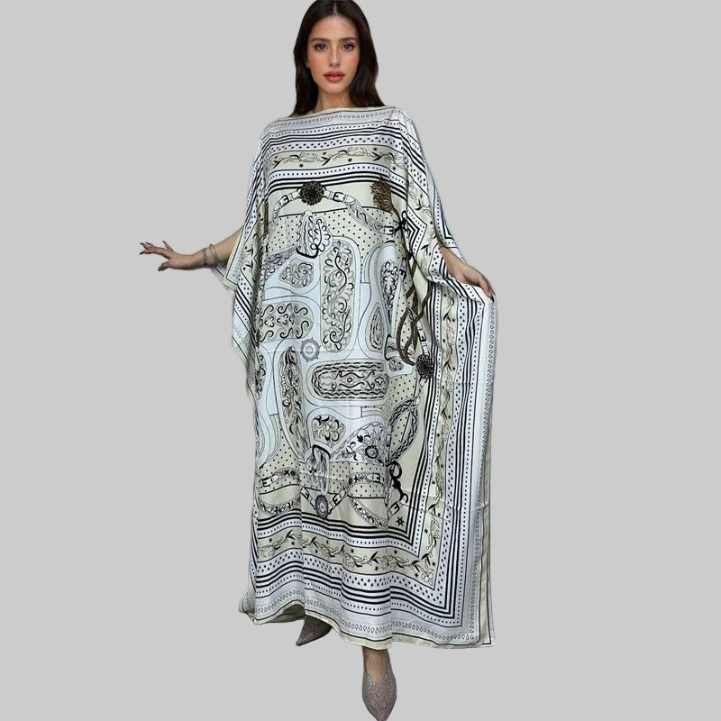 Luxury Printed Silk-Feel Batwing Maxi Kaftan Dress