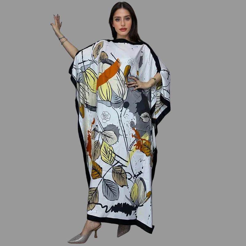 Luxury Printed Silk-Feel Batwing Maxi Kaftan Dress