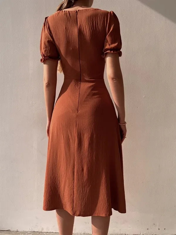 Elegant Midi Dress – V-Neck Puff Sleeve Button-Front with Thigh Slit