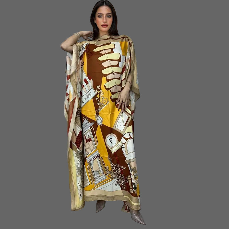 Luxury Printed Silk-Feel Batwing Maxi Kaftan Dress