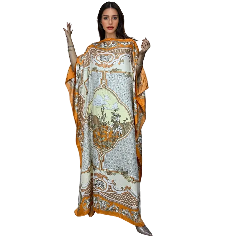 Luxury Printed Silk-Feel Batwing Maxi Kaftan Dress