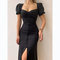 Elegant Midi Dress – V-Neck Puff Sleeve Button-Front with Thigh Slit