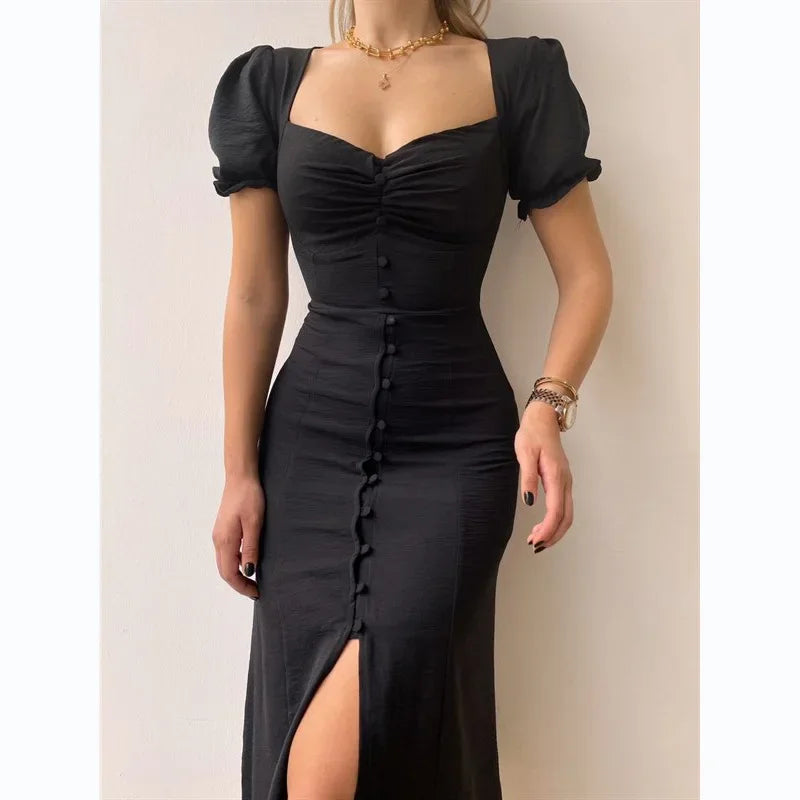 Elegant Midi Dress – V-Neck Puff Sleeve Button-Front with Thigh Slit