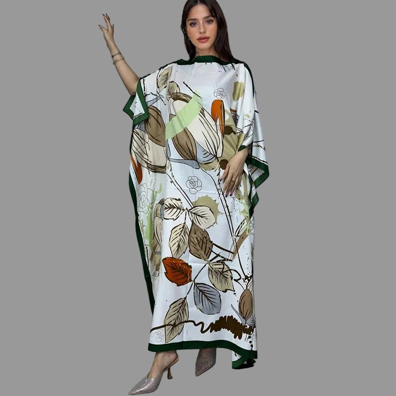 Luxury Printed Silk-Feel Batwing Maxi Kaftan Dress