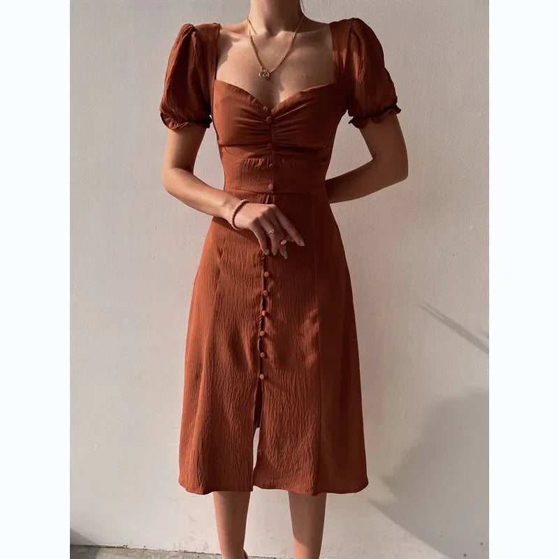 Elegant Midi Dress – V-Neck Puff Sleeve Button-Front with Thigh Slit