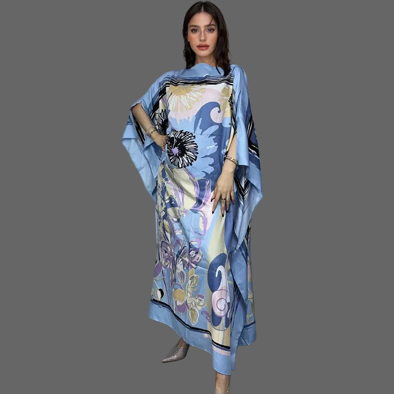 Luxury Printed Silk-Feel Batwing Maxi Kaftan Dress