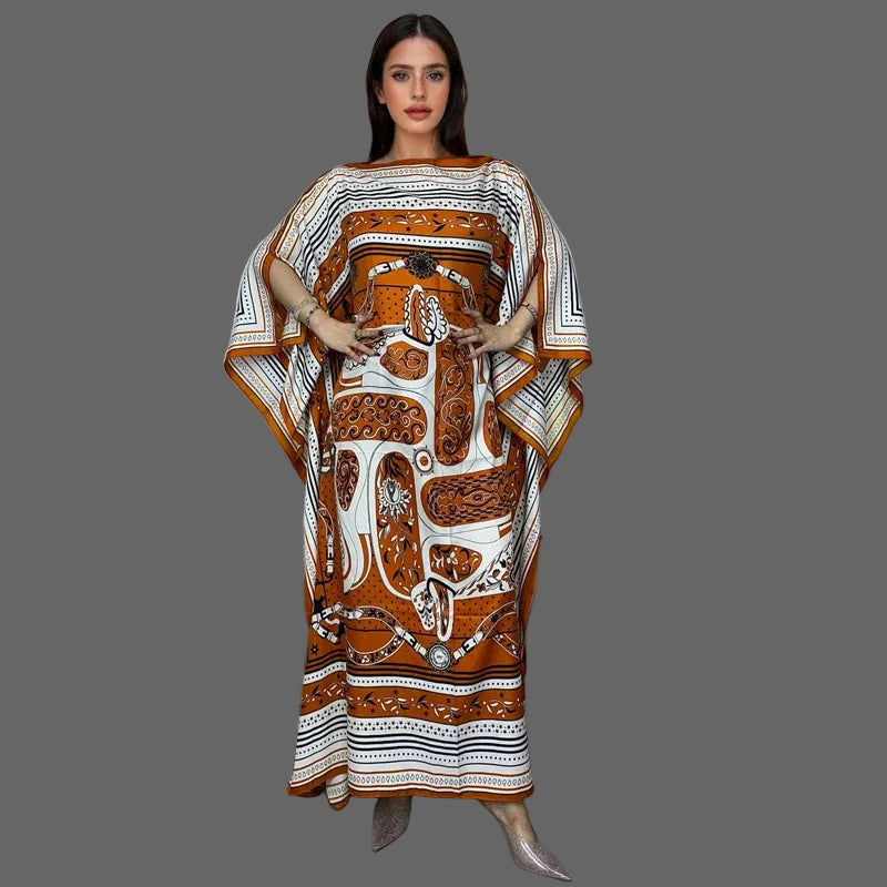 Luxury Printed Silk-Feel Batwing Maxi Kaftan Dress