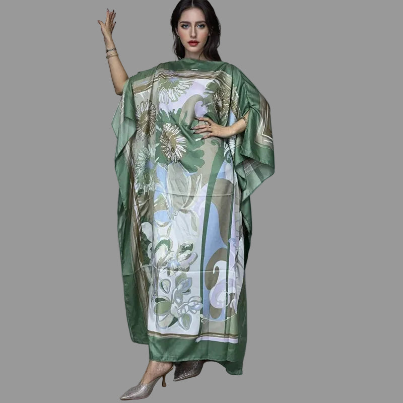 Luxury Printed Silk-Feel Batwing Maxi Kaftan Dress
