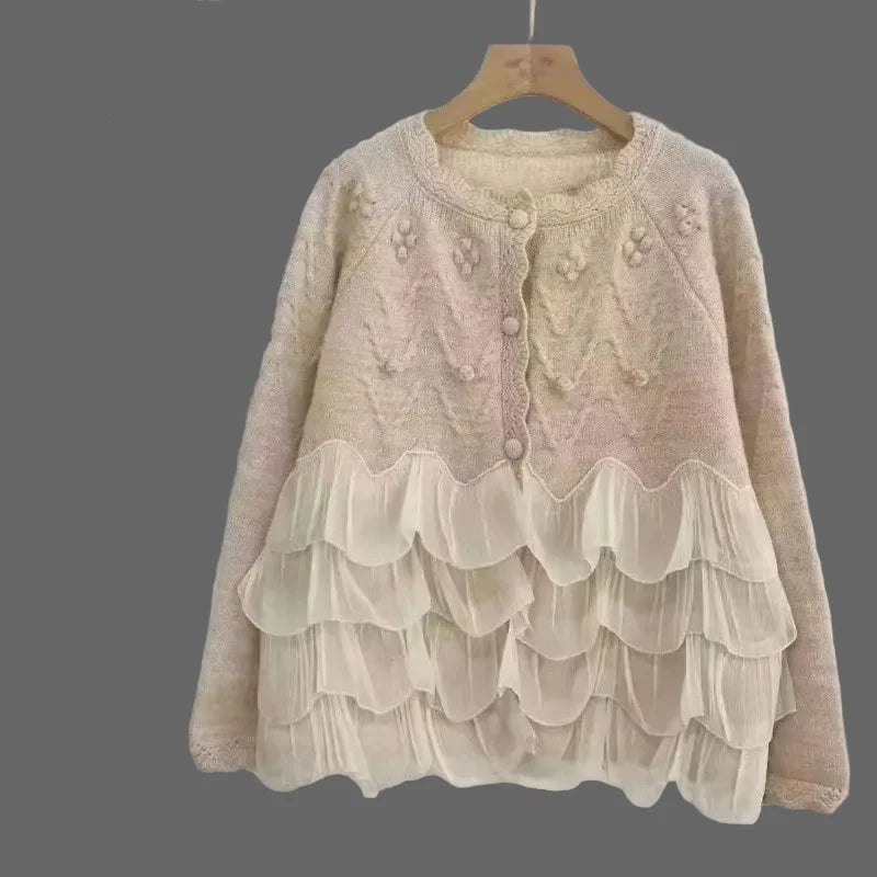 Beige knit sweater with O-neck collar and pullover style, front view