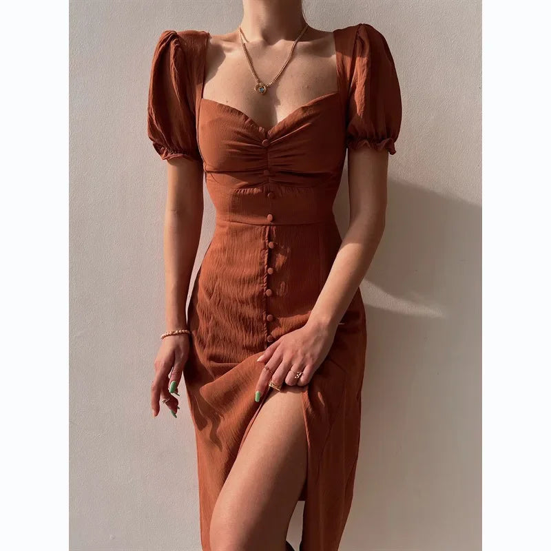 Elegant Midi Dress – V-Neck Puff Sleeve Button-Front with Thigh Slit