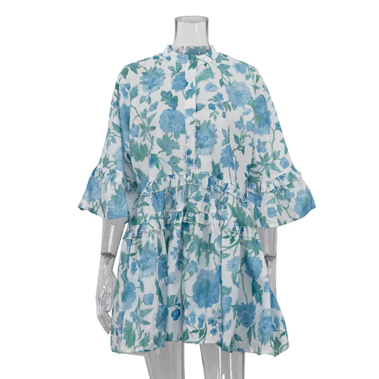 Ruffled Floral Puff Skirt Dress