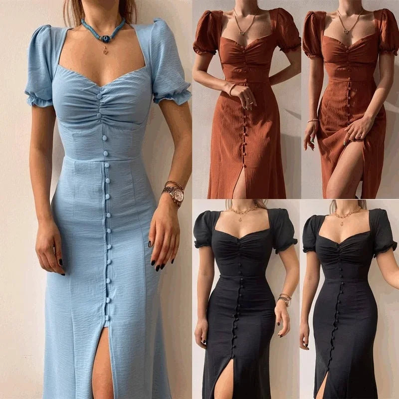 Elegant Midi Dress – V-Neck Puff Sleeve Button-Front with Thigh Slit
