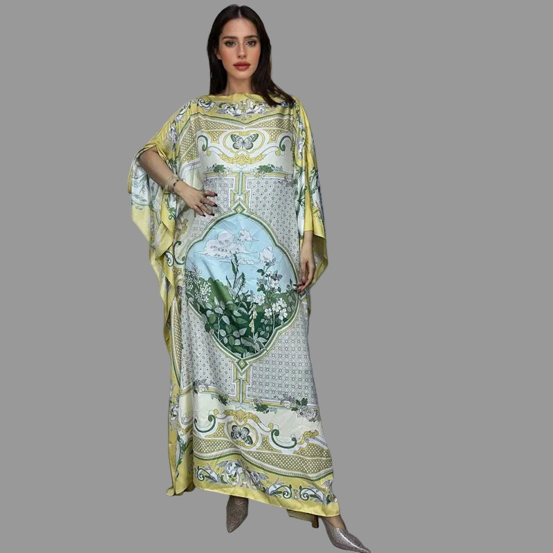 Luxury Printed Silk-Feel Batwing Maxi Kaftan Dress