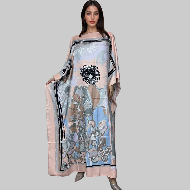 Luxury Printed Silk-Feel Batwing Maxi Kaftan Dress