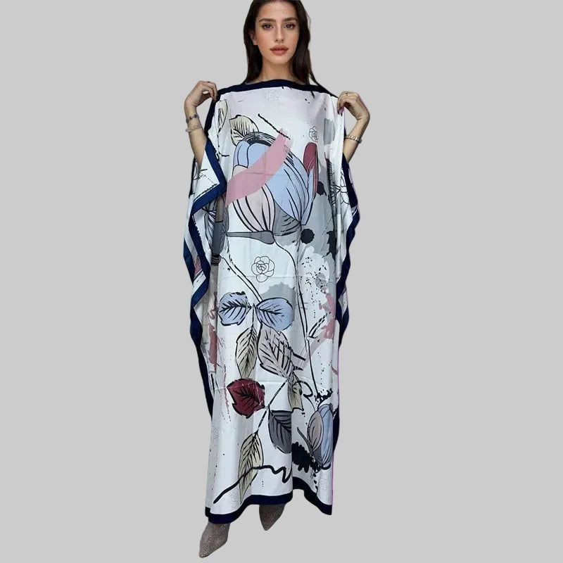 Luxury Printed Silk-Feel Batwing Maxi Kaftan Dress