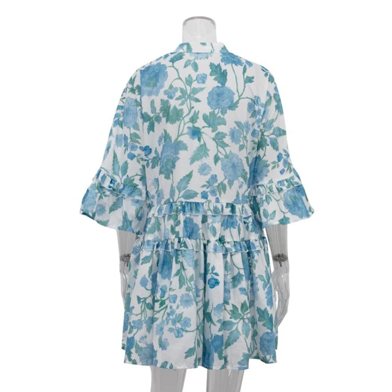 Ruffled Floral Puff Skirt Dress